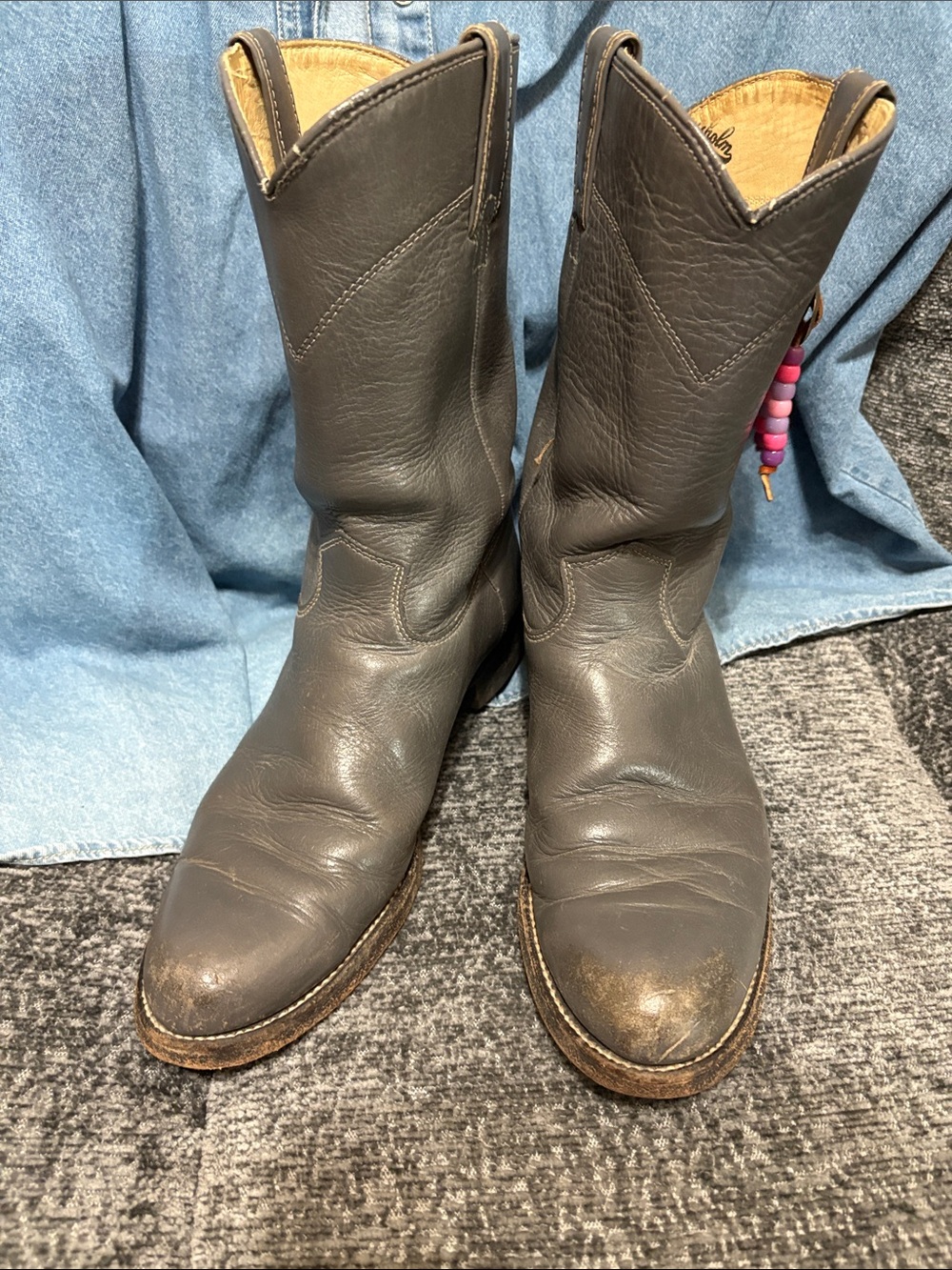 Women’s gray Leather Cowboy Boots - Classic Pull-On Western Style